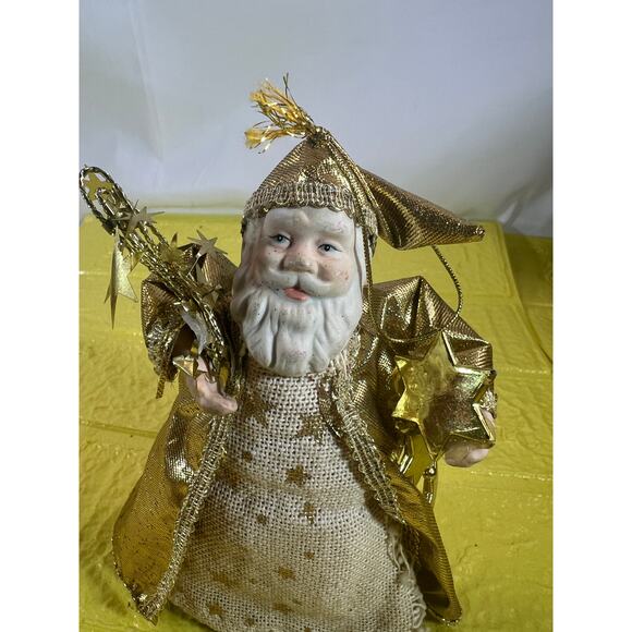 Vintage Old World Porcelain Santa Claus Small Tree Topper Ornament Gold Stars - Picture 2 of 9